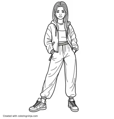 A coloring page of Image of a female in streetwear clothes, blend of hip-hop, and sporty influences. She’s urban, trendy. The background should be simple and not too busy, but in the same format. It should be only in black outline, for colouring page like an illustration