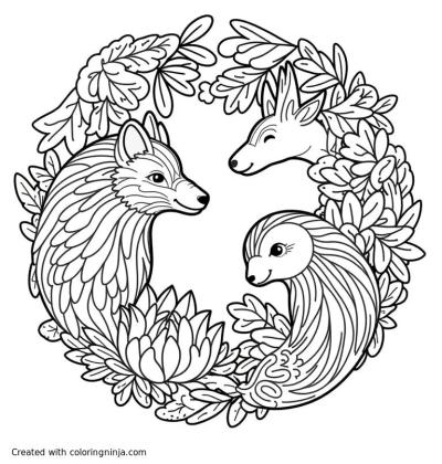 A coloring page of Intricate and delicate flora and fauna forest scene, beautiful animal dead and alive, yin yang, as above so below, imperfect symmetry, mythical