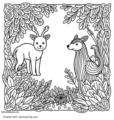 A coloring page of Intricate flora and fauna forest scene, beautiful animal dead and alive, yin yang, as above so below, imperfect symmetry, mythical, complicated, flowing, dark, fine lines, adult, advanced