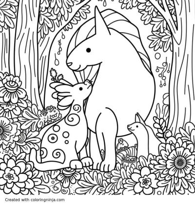 A coloring page of Intricate flora and fauna forest scene, beautiful animal dead and alive, yin yang, as above so below, imperfect symmetry, mythical, complicated, flowing, dark, fine lines