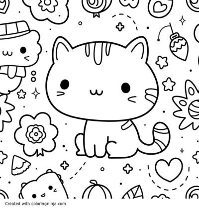 A coloring page of Kawaii doodle pattern for children, seamless and satisfying to color, with hearts, stars, animals, and geometric shapes