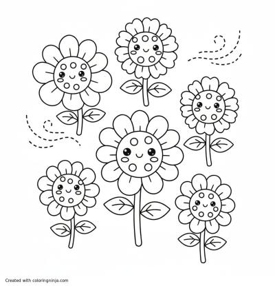 A coloring page of kawaii sunflowers