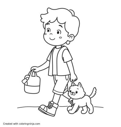 A coloring page of kid walking their dog