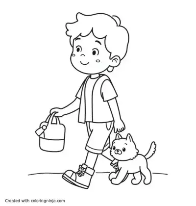 A coloring page of kid walking their dog