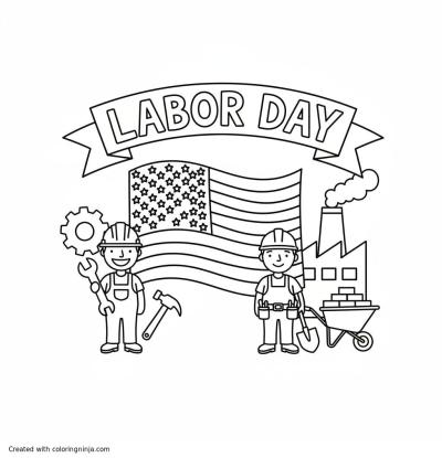 A coloring page of labor day with text "LABOR DAY" and us flag