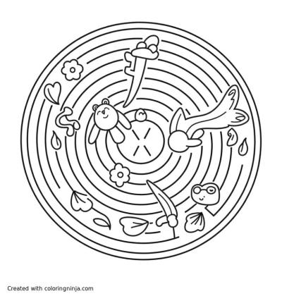 A coloring page of a labyrinth med symbols for a teenager girls
