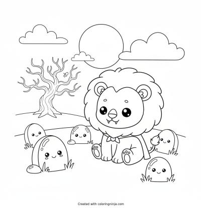 A coloring page of león bebé kawaii con melena esponjosa disfrazado de vampiro, en un campo de lápidas redondas y amigables, con un árbol muerto en la distancia, nubes y luna llena
