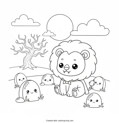 A coloring page of león bebé kawaii con melena esponjosa disfrazado de vampiro, en un campo de lápidas redondas y amigables, con un árbol muerto en la distancia, nubes y luna llena