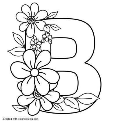 A coloring page of letter B with flowers