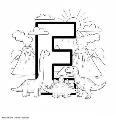 A coloring page of the letter "E" with dinosaurs and volcanos around it