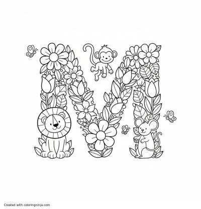 A coloring page of the letter "M" with flowers and animals
