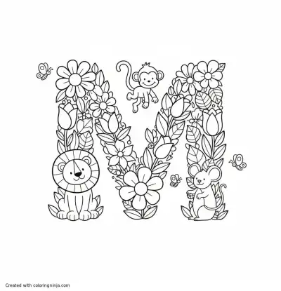 A coloring page of the letter "M" with flowers and animals
