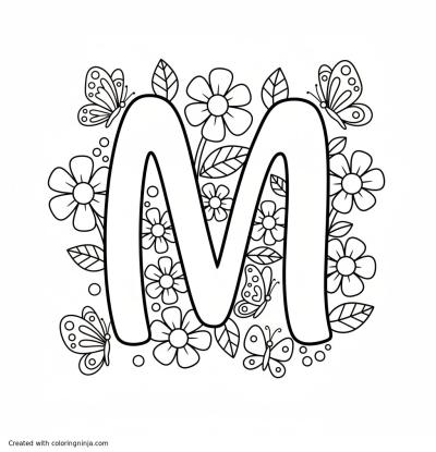 A coloring page of the letter "M" with flowers and butterflies around it