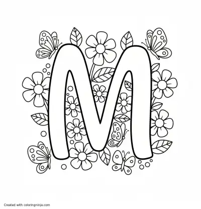 A coloring page of the letter "M" with flowers and butterflies around it