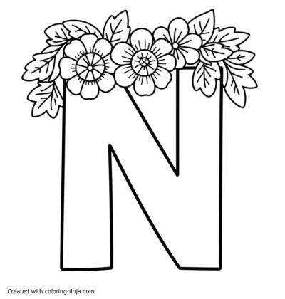 A coloring page of Letter N with flowers on top