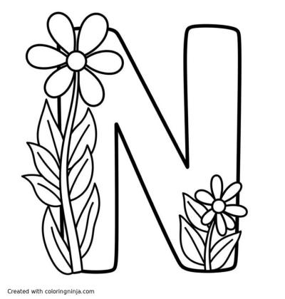 A coloring page of Letter N with flowers
