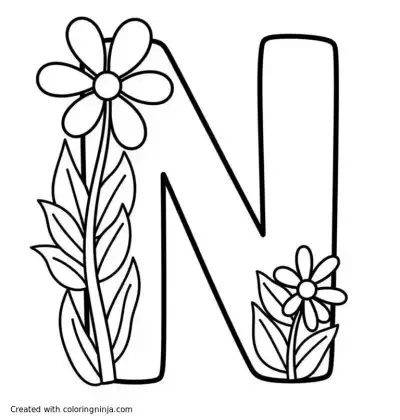 A coloring page of Letter N with flowers