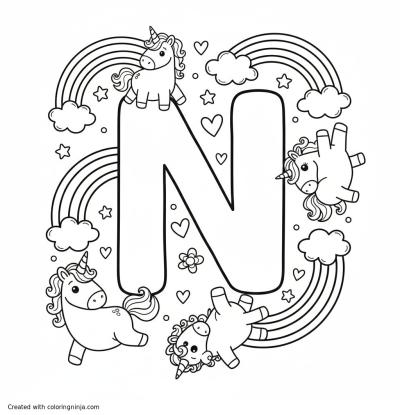 A coloring page of the letter "N" with unicorns and rainbows around it
