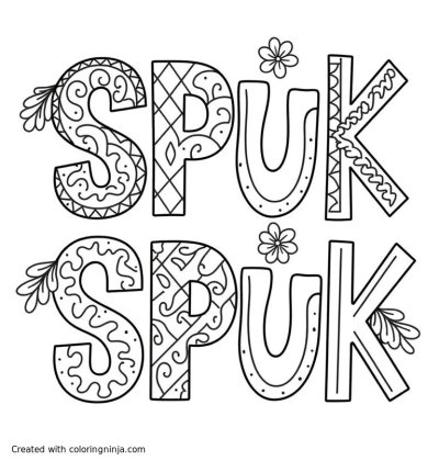 A coloring page of letters S P U K full of letters and mandalas
