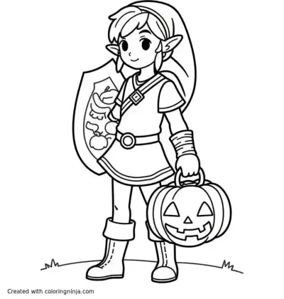 A coloring page of Link from Zelda Links Awakening getting ready for halloween
