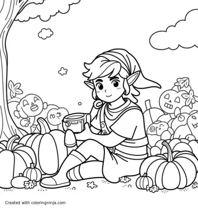 A coloring page of Link from Zelda in the style of Links Awakening enjoying a Halloween fair with pumpkins and skeletons and hot apple cider
