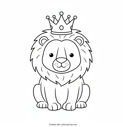 A coloring page of A lion seating with a crown on his head coloring page