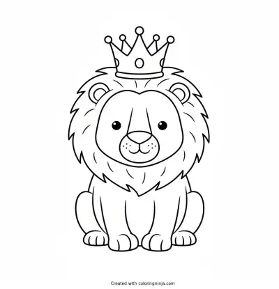 A coloring page of A lion seating with a crown on his head coloring page
