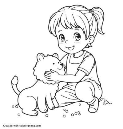 A coloring page of little girl playing with animal