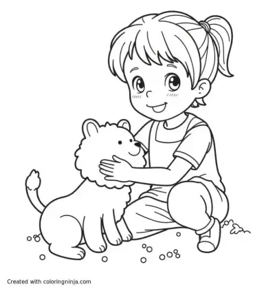 A coloring page of little girl playing with animal