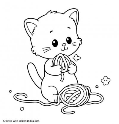 A coloring page of little kitty playing with yarn
