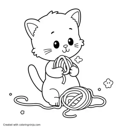 A coloring page of little kitty playing with yarn