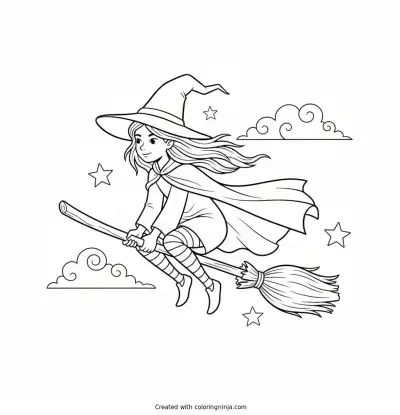 Little Witch Flying High Coloring Page