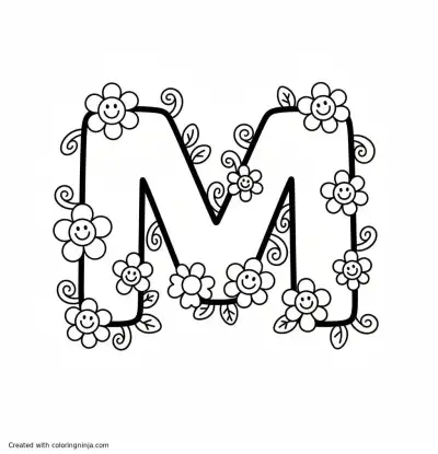 A coloring page of an "M" with cute flowers