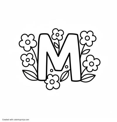 A coloring page of an 'm" with flowers around it