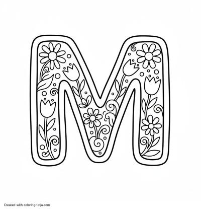 A coloring page of an "m" with flowers 

