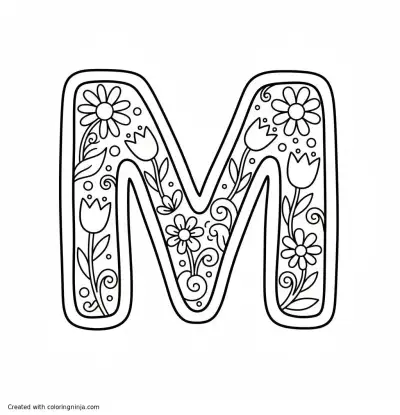 A coloring page of an "m" with flowers 

