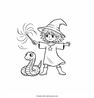 A coloring page of Magical boy enchanting a snakw