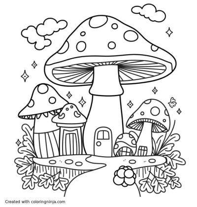 A coloring page of Magical Mushroom Village
