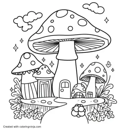A coloring page of Magical Mushroom Village
