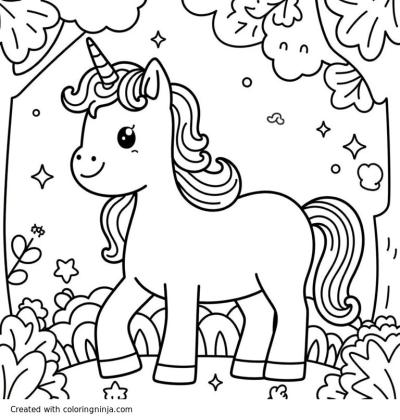 A coloring page of magical unicorn in a magic forest
