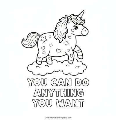 A coloring page of magical unicorn with the words you can do anything you want