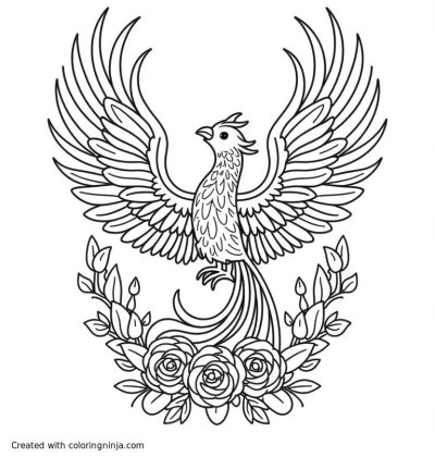 A coloring page of Majestic phoenix rising with wings spread, surrounded by flames morphing into roses and vines, fantasy adult coloring design, 8.5x11