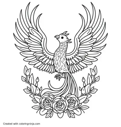 A coloring page of Majestic phoenix rising with wings spread, surrounded by flames morphing into roses and vines, fantasy adult coloring design, 8.5x11