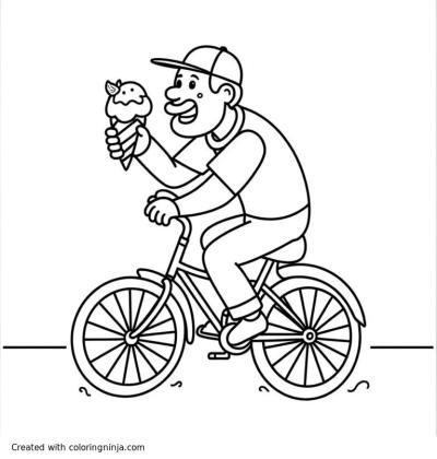 A coloring page of A man eating an ice cream whilst riding on a bicycle
