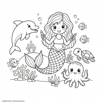 A coloring page of a mermaid and her underwater friends