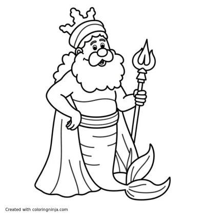 A coloring page of a merman king with a crown on his head and a staff in his hand