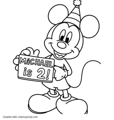 A coloring page of Micky Mouse holding a sign saying "Michael is 2!" at a birthday party.