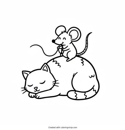 A coloring page of a mouse riding a cat