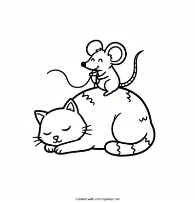 A coloring page of a mouse riding a cat