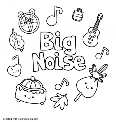 A coloring page of musical instruments and notes with the writing "Big Noise Raploch"
